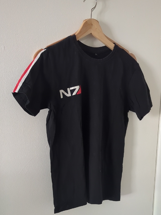 Other - Black Logo Crewneck T-Shirt with Red & White Shoulder Stripe